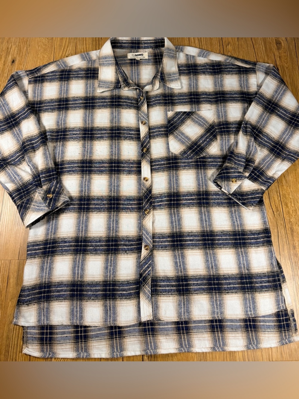 Ci Sono Plaid Collection Womens L Blue Tan Flannel Button Down Shirt Oversized